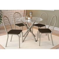 Conjunto: Mesa Sala Jantar Volga c/ Tampo de Vidro 95cm e 4 Cadeiras Holanda Niquel - Marrom - Kappesberg