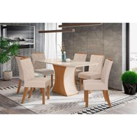 Conjunto: Mesa Sala Jantar Luiza c/ Tampo de Vidro 160x90cm e 6 Cadeiras Vita Nature/Off White - Linho Bege - Henn