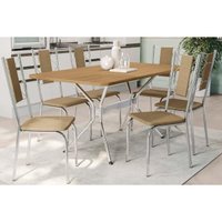 Conjunto: Mesa Sala Jantar Loire Tampo Madeirado 90x160cm e 6 Cadeiras Lisboa Cromado/Nogueira - Capuccino - Kappesberg