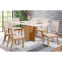 Conjunto: Mesa Sala Jantar Vértice Tampo Madeirado c/ Vidro 160x80cm e 6 Cadeiras Milla Nature/Linho - Henn