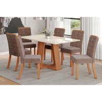 Conjunto: Mesa Sala Jantar Lins c/ Tampo Madeirado c/ Vidro 160x90cm e 6 Cadeiras Esther Nature/Linho Cacao - Henn
