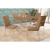 Conjunto: Mesa Sala Jantar Loire c/ Tampo de Madeira 160cm e 6 Cadeiras Amsterdã Cromada/Capuccino - Kappesberg
