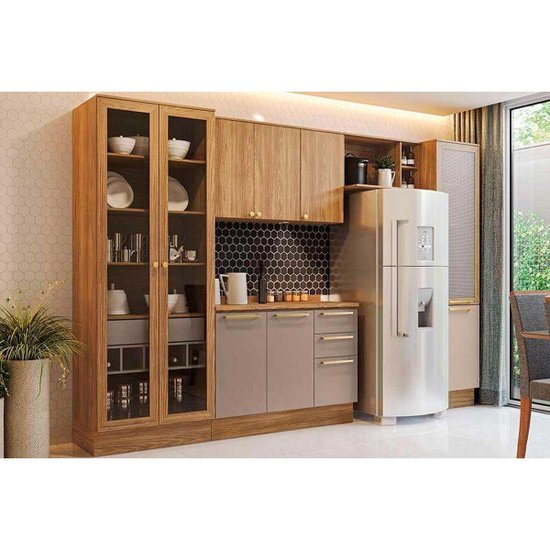 Cozinha Completa Botanic 6 Peças (2Aéreos+1Balcão+1Cristaleira+1Paneleiro+1Complemento) M661 Nogueira/Fendi - Kappesberg