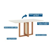 Conjunto: Mesa Sala Jantar Natalí c/ Tampo Madeirado c/ Vidro Reto 160x90cm e 6 Cadeiras Vita Nature/Linho - Henn