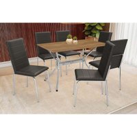 Conjunto: Mesa Sala Jantar Loire c/ Tampo de Madeira 160cm e 6 Cadeiras Amsterdã Cromada/Preto 110 - Kappesberg