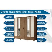 Guarda Roupa 6 Portas (2 Ripadas e 2 c/ Espelho) e 5 Gavetas c/ Pés Democrata Jatobá/Areia - Santos Andirá