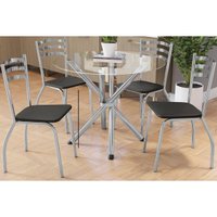 Conjunto: Mesa Sala Jantar Volga c/ Tampo de Vidro 95x95cm e 4 Cadeiras Portugal Cromada - Preto - Kappesberg