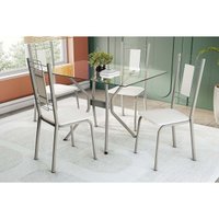 Conjunto: Mesa Sala Jantar Loire c/ Tampo de Vidro 120x80cm e 4 Cadeiras Florença Niquel - Branco - Kappesberg