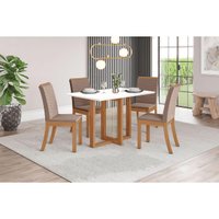 Conjunto: Mesa Sala Jantar Natalí c/ Tampo Madeirado 120x80cm e 4 Cadeiras Isa Nature/Off White - Suede Marrom - Henn