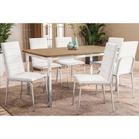 Conjunto: Mesa Sala Jantar Reno c/ Tampo de Madeira 160cm e 6 Cadeiras Amsterdã Cromada/Branco 106 - Kappesberg