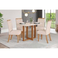 Conjunto: Mesa Sala Jantar Natalí c/ Tampo Madeirado c/ Vidro Curvo 120x80cm e 4 Cadeiras Bella Nature/Linho - Henn