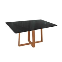 Mesa p/ Cozinha Elma Madeira Maciça c/ Tampo Madeirado c/ Vidro 90x160cm Carvalho/Preto fosco/Vidro preto - Kappesberg