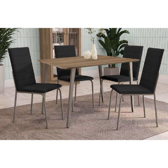 Conjunto: Mesa Sala Jantar Iguaçu c/ Tampo de Madeira 90cm e 4 Cadeiras Amsterdã Niquel/Preto 110 - Kappesberg