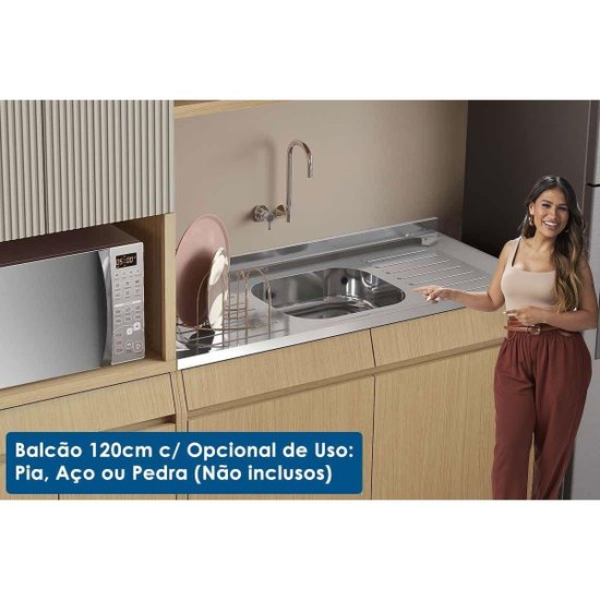 Balcão de Cozinha c/ Tampo Simone Mendes c/ 2 Portas e 2 Gavetas 120cm Carvalho/Cinza - Nesher