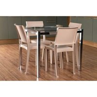 Conjunto: Mesa Sala Jantar Reno c/ Tampo de Vidro 90x90cm e 4 Cadeiras Hydra Plus Cromada - Capuccino - Kappesberg