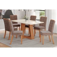 Conjunto: Mesa Sala Jantar Lins c/ Tampo Madeirado c/ Vidro Curvo 160x90cm e 6 Cadeiras Esther Nature/Linho Cacao - Henn