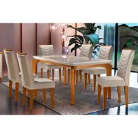 Sala de Jantar Completa Londrina Tampo Madeirado c/ Vidro Curvo 180x90 e 6 Cadeiras Londrina Imbuia/Suede Creme - Rufato