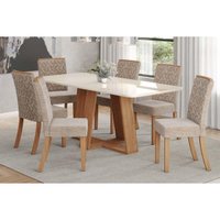 Conjunto: Mesa Sala Jantar Lins c/ Tampo Madeirado c/ Vidro Curvo 200x90cm e 6 Cadeiras Esther Nature/Linho Creme - Henn