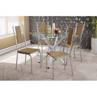 Sala de Jantar Completa Volga c/ Tampo de Vidro 90cm e 4 Cadeiras Lisboa Cromada - Courano Capuccino - Kappesberg