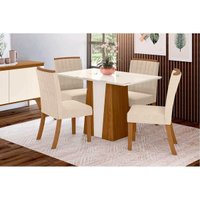 Conjunto: Mesa Sala Jantar Orus c/ Tampo Madeirado 120x80cm e 4 Cadeiras Tauá Nature/Off White - Linho Bege - Henn