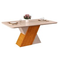 Mesa p/ Cozinha Rubi c/ Tampo Madeirado c/ Vidro Curvo 170x90cm Cedro/Off White/Off White - DJ Móveis