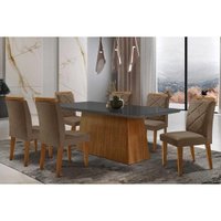 Sala de Jantar Completa Luna Tampo Madeirado c/ Vidro Curvo 180x90 e 6 Cadeiras Melissa Imbuia/Suede Capuccino - Rufato