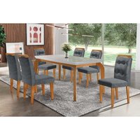 Conjunto: Mesa Sala Jantar Londrina Tampo Madeirado c/ Vidro 180x90cm e 6 Cadeiras Imperatriz Imbuia/Grafite - Rufato