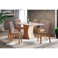 Conjunto: Mesa Sala Jantar Luiza c/ Tampo de Vidro 160x90cm e 6 Cadeiras Isa Nature/Off White - Suede Marrom - Henn