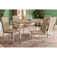 Conjunto: Mesa Sala Jantar Reno c/ Tampo de Madeira 160cm e 6 Cadeiras Amsterdã Cromada/Capuccino - Kappesberg
