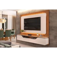 Rack Bancada c/ Painel p/ TV até 70 Polegadas Treviso Ripado 100% MDF Led 210x180cm Off White/Freijó - DJ Móveis