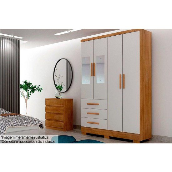 Guarda Roupa 4 Portas (2 c/ Espelho) e 3 Gavetas c/ Pés Encanto/Berlim Cumaru/Fendi - Novo Horizonte