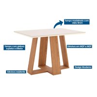 Conjunto: Mesa Sala Jantar Lins SC91 Tampo Madeirado c/ Vidro Canto Reto 120x80cm e 6 Cadeiras Isa Nature/Linho - Henn