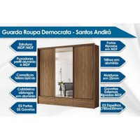 Guarda Roupas 3 Portas de Correr de (1 c/ Espelho) e 5 Gavetas Democrata Jatobá/Areia - Santos Andirá