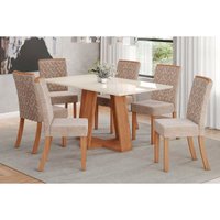 Conjunto: Mesa Sala Jantar Lins c/ Tampo Madeirado c/ Vidro 160x90cm e 6 Cadeiras Esther Nature/Linho Creme - Henn