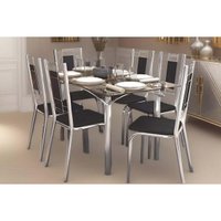 Sala de Jantar Completa Elba c/ Tampo de Vidro 80x150cm e 6 Cadeiras Florença Cromada - Courano Preto - Kappesberg