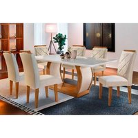 Conjunto: Mesa Sala Jantar Jade Tampo Madeirado c/ Vidro Curvo 180x90 e 6 Cadeiras Melissa Imbuia/Suede Creme - Rufato
