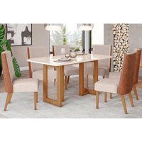 Conjunto: Mesa Sala Jantar Yara c/ Tampo Madeirado c/ Vidro Curvo 160x90cm e 6 Cadeiras Anne Nature/Courano/Linho - Henn