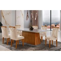 Conjunto: Mesa Sala Jantar Luna Tampo Madeirado c/ Vidro Curvo 180x90 e 6 Cadeiras Amsterdã Imbuia/Suede Creme - Rufato