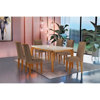 Sala de Jantar Completa Londrina Tampo Madeirado c/ Vidro 180x90cm e 6 Cadeiras Londrina Imbuia/Suede Capuccino - Rufato