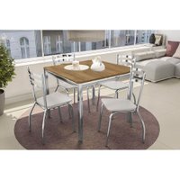 Conjunto: Mesa Sala Jantar Reno c/ Tampo de Madeira 90cm e 4 Cadeiras Portugal Cromada/Branco 106 - Kappesberg