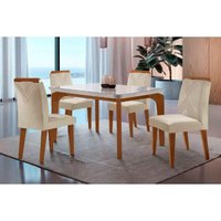 Sala de Jantar Completa Londrina Tampo Madeirado c/ Vidro Curvo 120x80 e 4 Cadeiras Amsterdã Imbuia/Suede Creme - Rufato