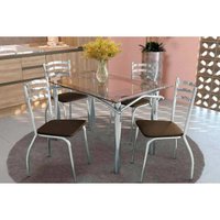 Sala de Jantar Completa Elba c/ Tampo de Vidro 120cm e 4 Cadeiras Portugal Cromada - Courano Marrom - Kappesberg