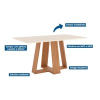 Conjunto: Mesa Sala Jantar Lins c/ Tampo Madeirado Reto 160x90cm e 6 Cadeiras Esther Nature/Linho Cacao - Henn