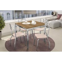 Conjunto: Mesa Sala Jantar Reno c/ Tampo de Madeira 90cm e 4 Cadeiras Portugal Cromada/Nude 16 - Kappesberg
