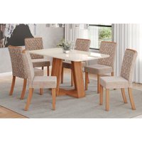 Conjunto: Mesa Sala Jantar Lins c/ Tampo Madeirado c/ Vidro Curvo 160x90cm e 6 Cadeiras Esther Nature/Linho Creme - Henn