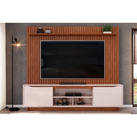 Rack Bancada c/ Painel p/ TV até 70 Polegadas Enzo Prateleira Nichos e Pés 200x188cm Freijó/Off White - DJ Móveis