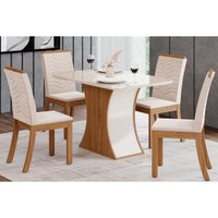 Conjunto: Mesa Sala Jantar Luiza c/ Tampo de Vidro 120x80cm e 4 Cadeiras Isa Nature/Off White - Linho Bege - Henn