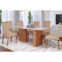 Sala de Jantar Completa Ester c/ Tampo Madeirado c/ Vidro 180x90cm e 6 Cadeiras Paola Nature/Suede Nude Bege - Cimol