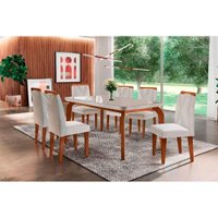 Sala de Jantar Completa Londrina Tampo Madeirado c/ Vidro Curvo 180x90 e 6 Cadeiras Amsterdã Imbuia/Suede Creme - Rufato