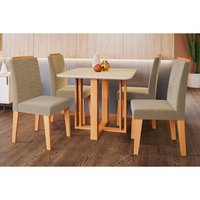 Conjunto: Mesa Sala Jantar Flora c/ Tampo Madeirado c/ Vidro 95x95cm e 4 Cadeiras Clarice Madeirado/ Linho Bege - Cimol